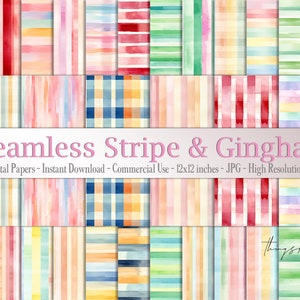 Könnte beinhalten: Ein Set mit 30 digitalen Papieren mit nahtlosen Aquarellstreifen und Gingham-Mustern in verschiedenen Farben. Die Papiere sind 12x12 Zoll groß und haben eine Auflösung von 300 dpi.