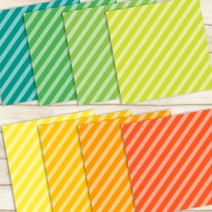 May include: A set of 10 digital paper patterns featuring diagonal stripes in various shades of green, yellow, orange, and red. These digital papers are perfect for scrapbooking, card making, and other craft projects.