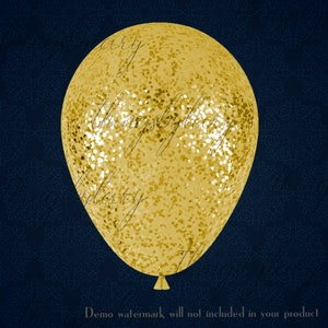 May include: A gold glitter balloon against a dark blue background.