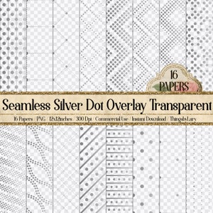 May include: A set of 16 seamless silver dot overlay patterns in various designs. The patterns are transparent and can be used for digital scrapbooking, card making, and other craft projects. 16 Papers/PNG/12x12inches/300 Dpi/Commercial Use/Instant Download/ThingsbyLary