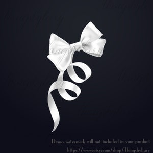 May include: A white satin ribbon tied into a bow with the ends of the ribbon curled. The bow is on a dark blue background.