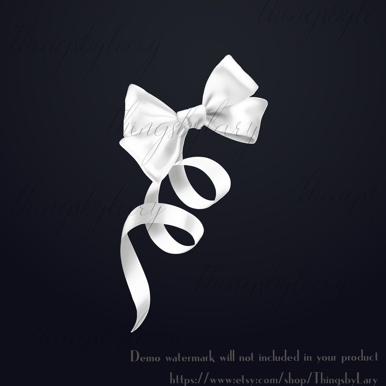May include: A white satin ribbon tied into a bow with the ends of the ribbon curled. The bow is on a dark blue background.