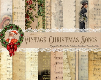 16 Vintage Christmas Music Sheet Digital Papers 12x12" Christian hymns Songs Silent Night Christmas Carol Holy Night Santa decoupage kit