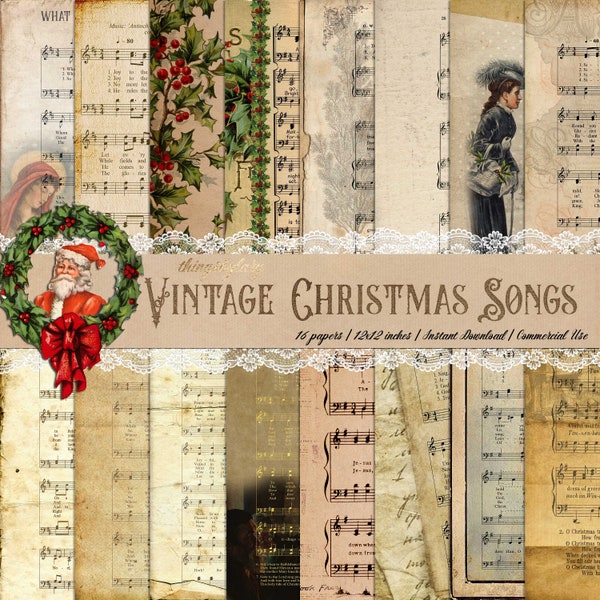 16 Vintage Christmas Music Sheet Digital Papers 12x12" Christian hymns Songs Silent Night Christmas Carol Holy Night Santa decoupage kit