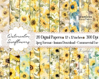 20 Seamless Watercolor Sunflower Digital Papers Instant Download Commercial Use painted vintage sunflower wedding sunflower rustic sunflower