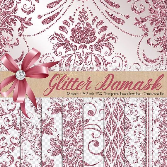 42 Rose Gold Glitter Seamless Damask Ornament Overlays 12in