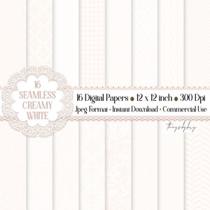 May include: A set of 16 digital papers in creamy white with various subtle patterns. Each paper is 12 x 12 inches and 300 DPI. The papers are in JPEG format and are for instant download and commercial use.