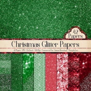 May include: A set of 42 digital papers featuring Christmas glitter patterns in green and red. The papers are 12x12 inches and 300 dpi.