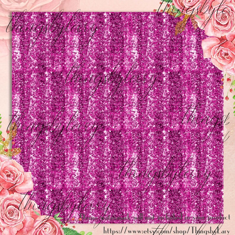 May include: A digital paper background with a vibrant magenta glitter effect. The design features vertical stripes of sparkling glitter. The corners are decorated with watercolour roses and greenery. The text "thingsbylary" is repeated across the image.
