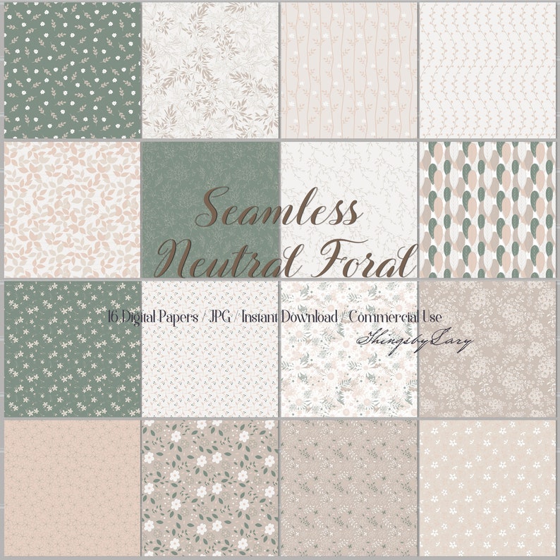 16 Seamless Neutral Floral Digital Papers 12" 300 Dpi Military ...
