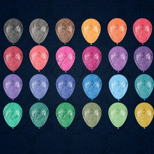 May include: Thirty-six glitter balloons in various colors, including silver, brown, orange, pink, purple, blue, green, and gold. The balloons are arranged in four rows of nine balloons each.