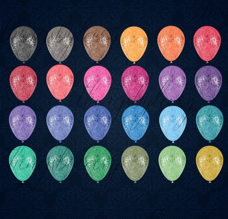 May include: Thirty-six glitter balloons in various colors, including silver, brown, orange, pink, purple, blue, green, and gold. The balloons are arranged in four rows of nine balloons each.