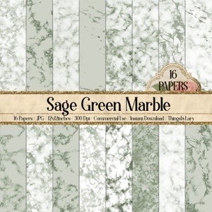 May include: A digital paper pack featuring 16 sage green marble patterns. Each pattern is 12x12 inches and 300 dpi. The pack is for commercial use and includes an instant download. The text "16 Papers" and "Sage Green Marble" is displayed on the image.