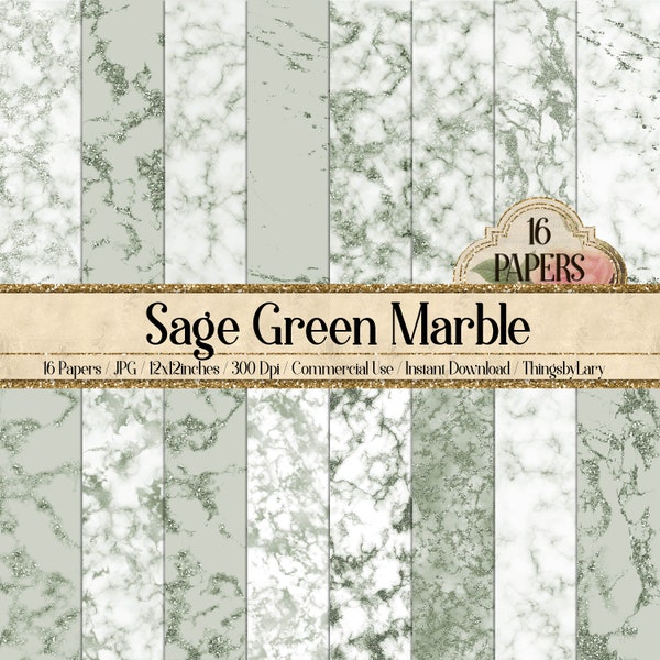 16 Sage Green Marble Digital Papers 12x12" 300 dpi instant download commercial use sage green stone natural marble glitter marble pastel