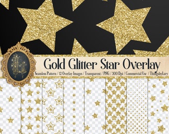 12 Gold Glitter Star Overlay Images, Transparent PNG 300 Dpi 12inch Commercial Use Instant Download, Seamless Pattern, Gold Glitter Overlay