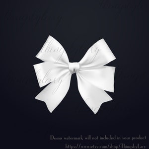 May include: A white satin bow with a center knot. The bow is isolated on a dark background.