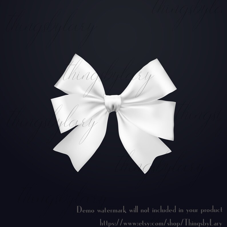 May include: A white satin bow with a center knot. The bow is isolated on a dark background.