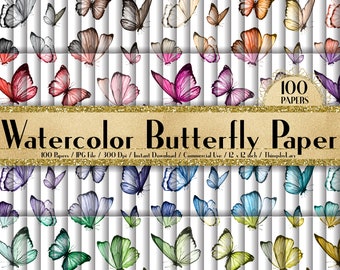 100 Seamless Watercolor Butterfly Paper in 12inch,300 Dpi Planner Paper,Scrapbook Paper,Rainbow Paper,Watercolor butterfly