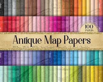 May include: A collection of 100 antique map papers, each with a unique color and design. The papers are 12x12 inches and 300 dpi. They are perfect for scrapbooking, card making, and other craft projects.