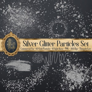 May include: A set of 60 silver glitter particles and 10 light flares, perfect for adding sparkle to your digital designs.  The particles are in PNG format and are 300 DPI.