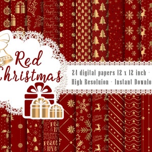 24 Carte digitali natalizie rosse e dorate 12 x 12 pollici 300 Dpi Download istantaneo, Scrapbook Papers, Christmas Papers, Uso commerciale