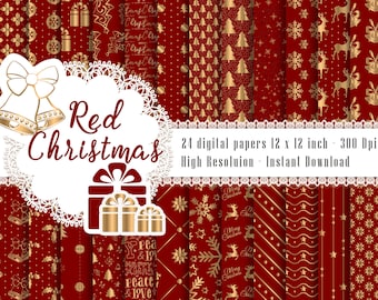 24 Red & Gold Christmas Digital Papers 12 x 12 inch 300 Dpi Instant Download, Scrapbook Papers, Christmas Papers, Commercial Use