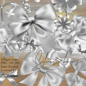 56 Silver Satin Bows and Ribbons Digital Images 300 Dpi PNG Transparent Instant Download Commercial Use Bridal Shower Wedding Card Making