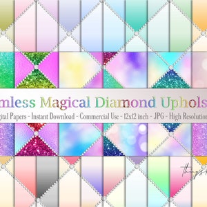 May include: 30 digital papers with a seamless pattern of iridescent glitter and diamond accents. The papers are in various colors, including pink, blue, green, and yellow. The papers are 12x12 inches and 300 dpi.