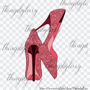 May include: A pair of pink glitter high heel shoes. The shoes are angled to show the side and back of the shoes. The shoes have a pointed toe and a thin heel.