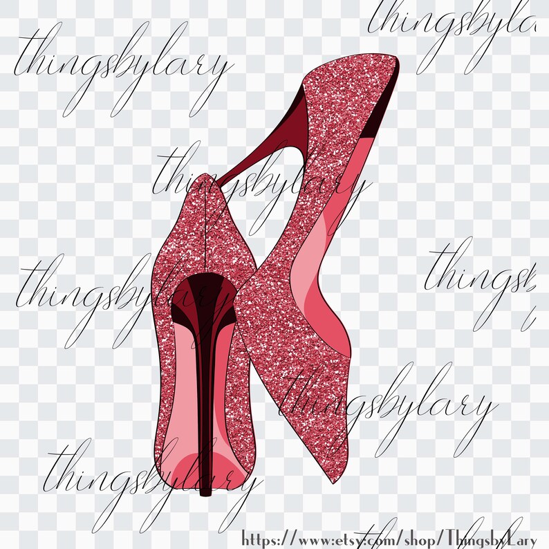 May include: A pair of pink glitter high heel shoes. The shoes are angled to show the side and back of the shoes. The shoes have a pointed toe and a thin heel.