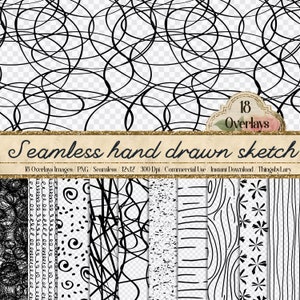 May include: Set of 18 black and white seamless hand-drawn sketch patterns. The patterns include swirls, lines, dots, and stars. The patterns are 12 inches by 12 inches and 300 dpi.