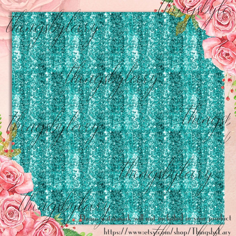 May include: A digital background with a teal glitter effect. The background has a vertical stripe pattern. The image includes pink roses and the text "thingsbylary" repeated across the image. The Etsy shop URL is also included.