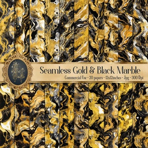20 Nahtlose Schwarz und Gold Marmor Digital Papiere 300 DPI 12x12" Sofortiger Download Kommerzielle Nutzung Gold Liquid Marble 24k Gold Abstrakt Gold
