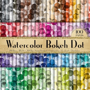 以下が含まれることがあります： 水彩ぼかしドットが様々な色で描かれたデジタルペーパー100枚。各ペーパーは2インチ×2インチ、300dpiです。