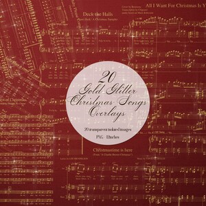 20 Gold Glitter Weihnachtslieder Musik Blätter Overlay PNG-Bilder Kommerzielle Nutzung Let It Snow Weihnachtsmann kommt Winter Wunderland Rudolph