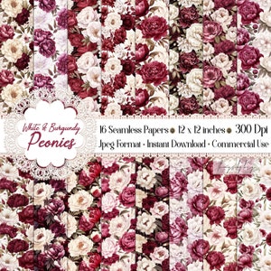 16 documenti digitali senza cuciture con fiori di peonia bianca e bordeaux per uso commerciale, peonia floreale bordeaux senza soluzione di continuità, album da sposa, pianificatore di nozze