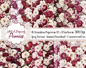 16 Seamless White and Burgundy Peony Flower Digital Papers commercial use seamless burgundy floral peony Bridal Scrapbook Wedding Planner