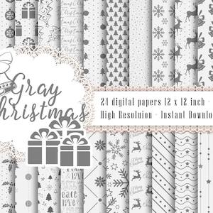 24 carte digitali natalizie bianche e grigie 12 x 12 pollici 300 dpi Download istantaneo, scrapbook papers, christmas papers, uso commerciale