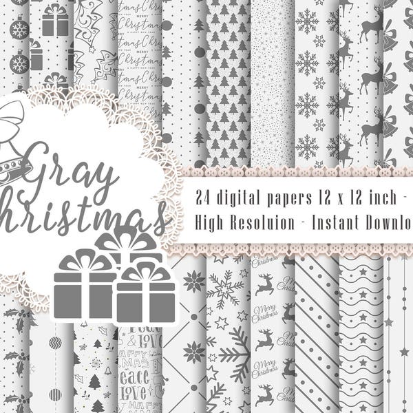 24 White and Gray Christmas Digital Papers 12 x 12 inch 300 Dpi Instant Download, Scrapbook Papers, Christmas Papers, Commercial Use