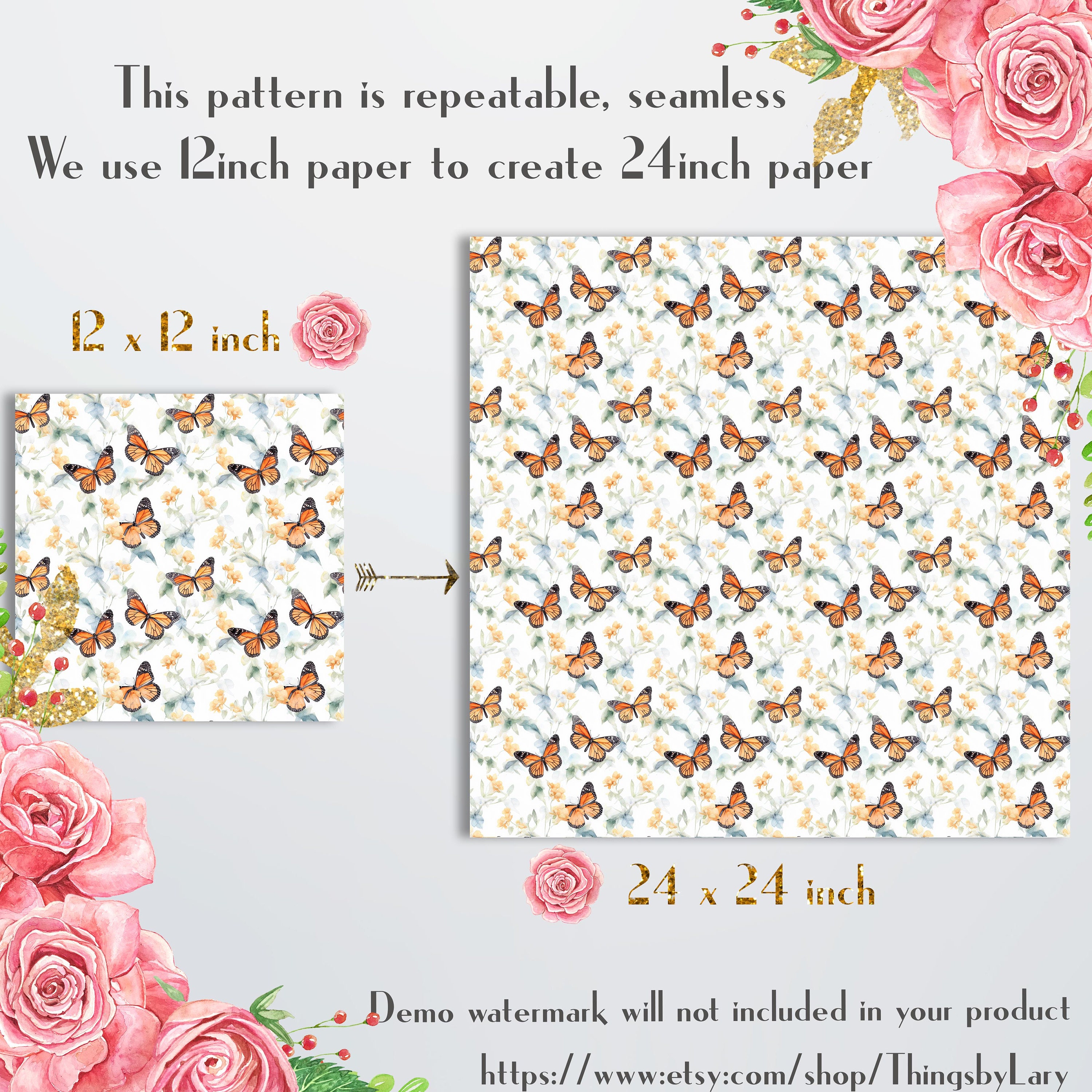 16 Seamless Watercolor Monarch Butterfly Digital Papers 12" 300 Dpi ...