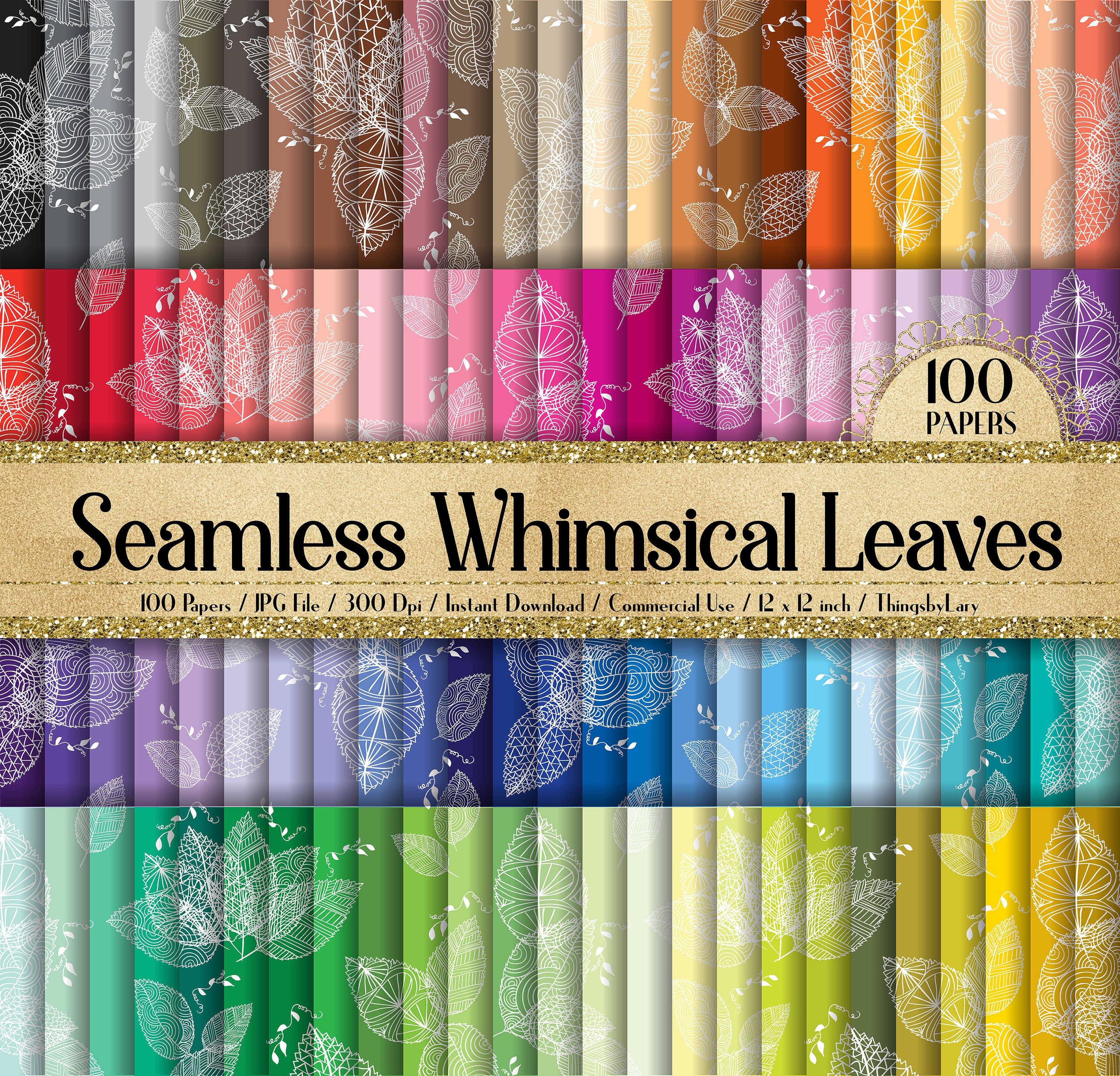 100 Seamless Whimsical Leaves Digital Papers 12x12" 300 Dpi Instant ...