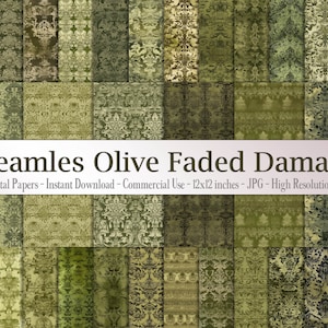 30 Seamless Vintage Olive Faded Damask Digtal Papers 12x12&quot; 300 Dpi Planner Paper Commercial Use Scrapbook gothic damask grunge Parchment