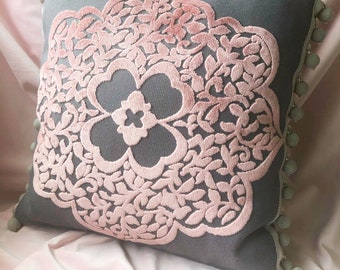 Velvet Print Square Pillow with Bauble Trim, Pink & Gray