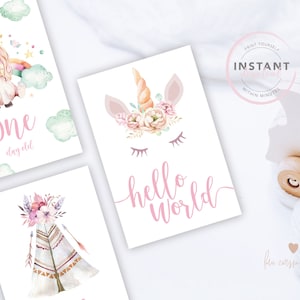 Aquarel Boho Eenhoorn | Baby mijlpaalkaarten | Directe download