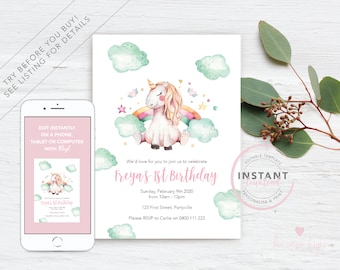 Invitación de cumpleaños de unicornio acuarela / Descarga instantánea / Invitación editable / Invitaciones a fiestas de niñas