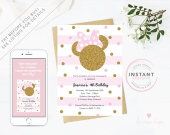 Pink & Gold Minnie Mouse | Birthday Invitation | Instant Download | Editable Invitation | Girls Party Invitations