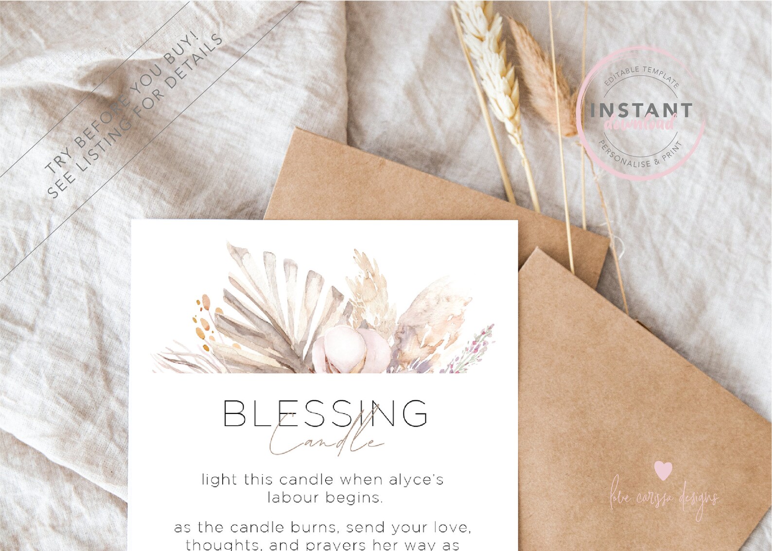Boho Blessingway Candle Tag Instant Download Editable Etsy