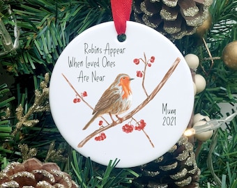 Personalised Robin Decoration | Robins Appear When Loved Ones Are Near | Ceramic Memorial Ornament | Christmas Tree Bauble