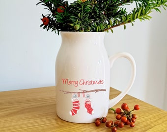 Christmas Flower Jug | Personalised Christmas Stocking Decoration | Christmas Mice Design | Flower Vase | Christmas Decor