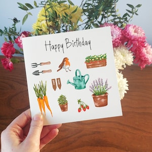 Carte d'anniversaire illustrée de jardinage